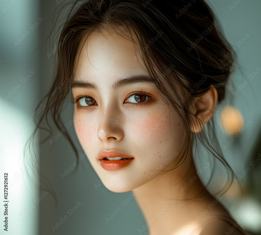 A serene portrait of a young woman with natural beauty and soft lighting. A serene portrait of a young woman with natural beauty and soft lighting.