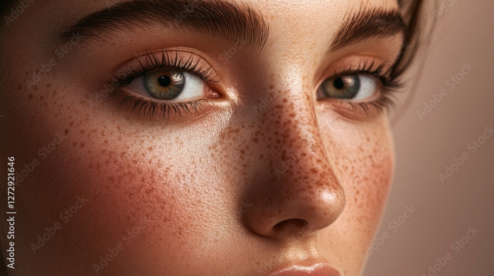 A close-up of a womans face with delicate freckles, her expression calm and serene, highlighting her natural beauty and individuality in a soft light. A close-up of a womans face with delicate freckles, her expression calm and serene, highlighting her natural beauty and individuality in a soft light.