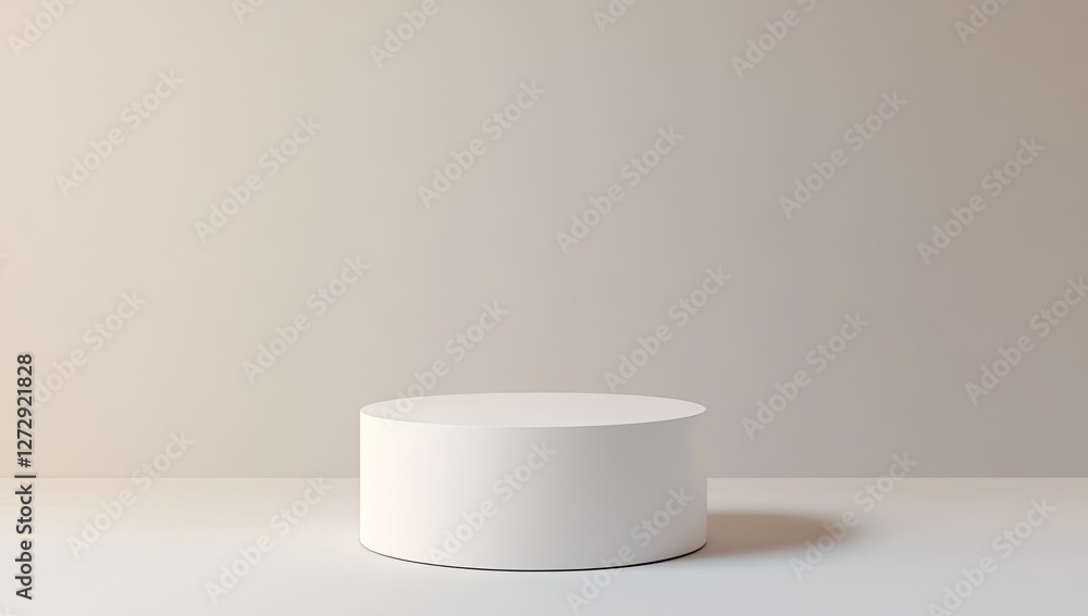 White cylinder podium, minimal beige studio, product display White cylinder podium, minimal beige studio, product display
