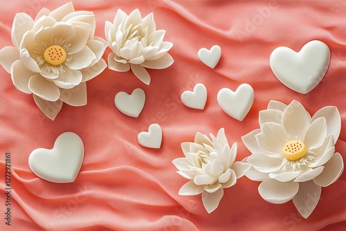 Serene Women's Day banner with lotus flowers and serene hearts on a salmon pink canvas.