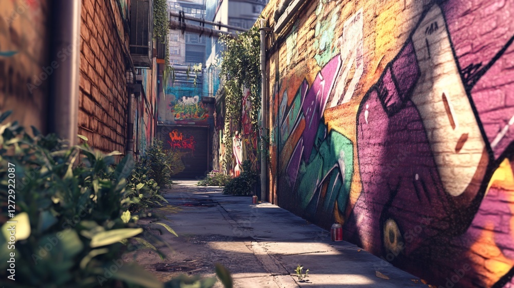Obraz premium Urban alleyway graffiti art scene, background buildings