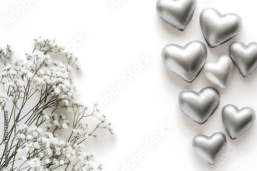 Serene Women's Day design with silver hearts and soft baby's breath flowers on a serene white background.