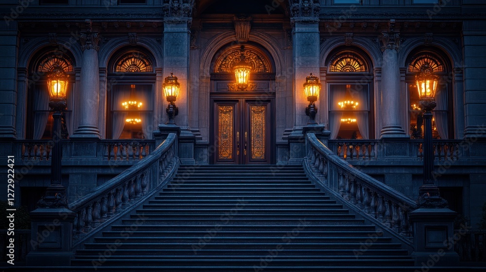 Obraz premium Grand city mansion entrance at night, ornate stairs and doors