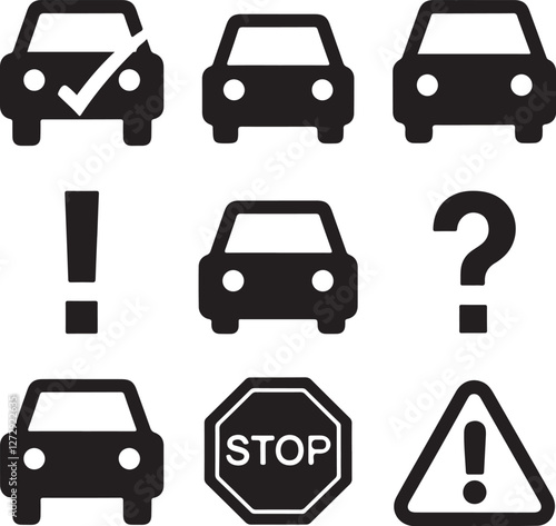 car and traffic signs silhouette icons set