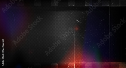 Dark grainy texture overlay with scratches and dust particles. Vintage film noise effect with subtle red light leaks and scrapes pattern. Atmospheric cinematic background for retro photo editing.