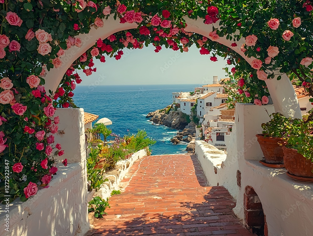 Fototapeta premium A white arch draped in pink roses frames a coastal path and town in southern Italy