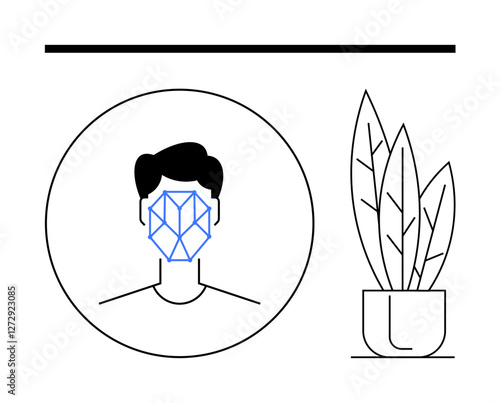 Geometric face scan over human silhouette next to potted plant in modern outline design. Ideal for AI, biometrics, identity verification, security, futurism, data privacy, abstract line flat metaphor