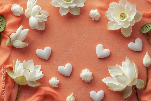 Serene Women's Day banner with lotus flowers and serene hearts on a salmon pink canvas.