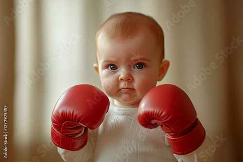 Little boy and girl in boxing gloves with the boy wearing red gloves, ready to fight and train in a fun, energetic sports competition