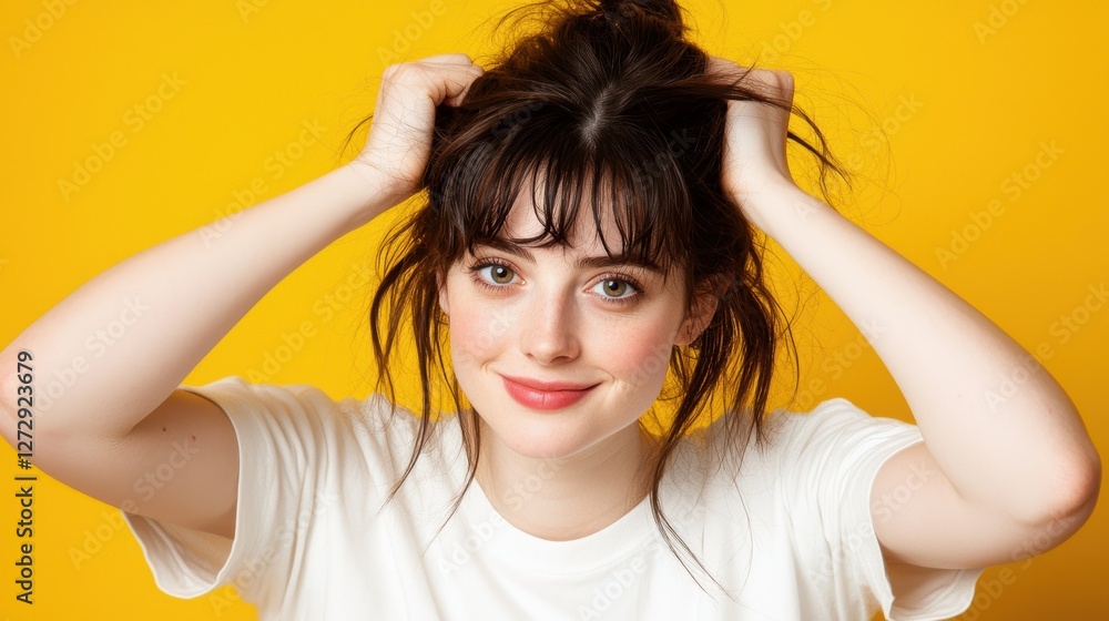Playful self-portrait of a young woman with brown hair on a vivid yellow background studio photography cheerful vibe Playful self-portrait of a young woman with brown hair on a vivid yellow background studio photography cheerful vibe