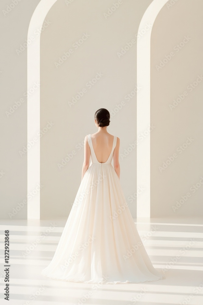 Elegant figure in flowing gown stands gracefully under soft ligh Elegant figure in flowing gown stands gracefully under soft ligh