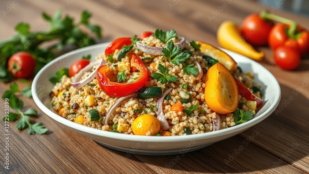 Healthy Quinoa Salad with Roasted Veggies - Minimalist Table Setting Healthy Quinoa Salad with Roasted Veggies - Minimalist Table Setting