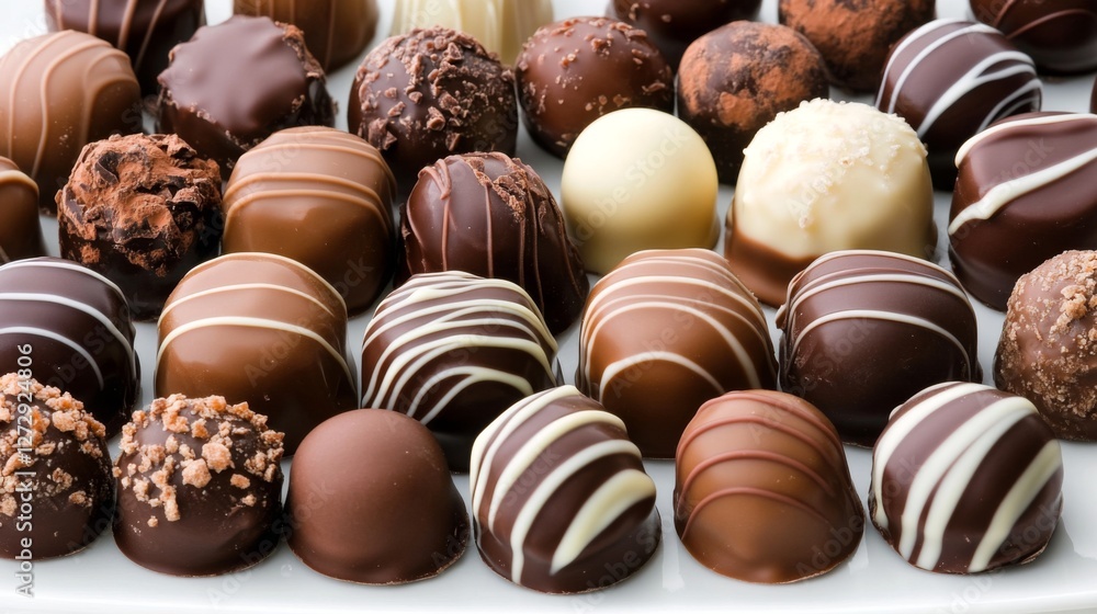 A delightful arrangement of assorted chocolate truffles elegantly displayed on a white plate, highlighting the variety and luxury of gourmet chocolates. A delightful arrangement of assorted chocolate truffles elegantly displayed on a white plate, highlighting the variety and luxury of gourmet chocolates.