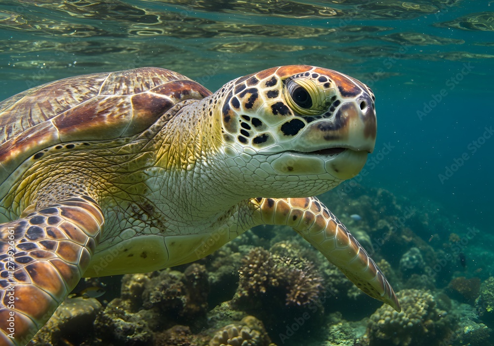 Magnificent Green Sea Turtle Underwater Close-Up in Tropical Coral Reef Habitat Magnificent Green Sea Turtle Underwater Close-Up in Tropical Coral Reef Habitat