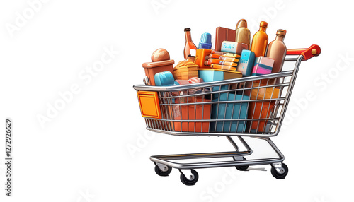 Shopping Cart Full of Items 3D Cartoon Style Illustration on White Background