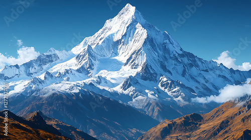 The wonder of snow-capped mountains with white peaks against a backdrop of clear blue sky. high resolution AI Generative image
