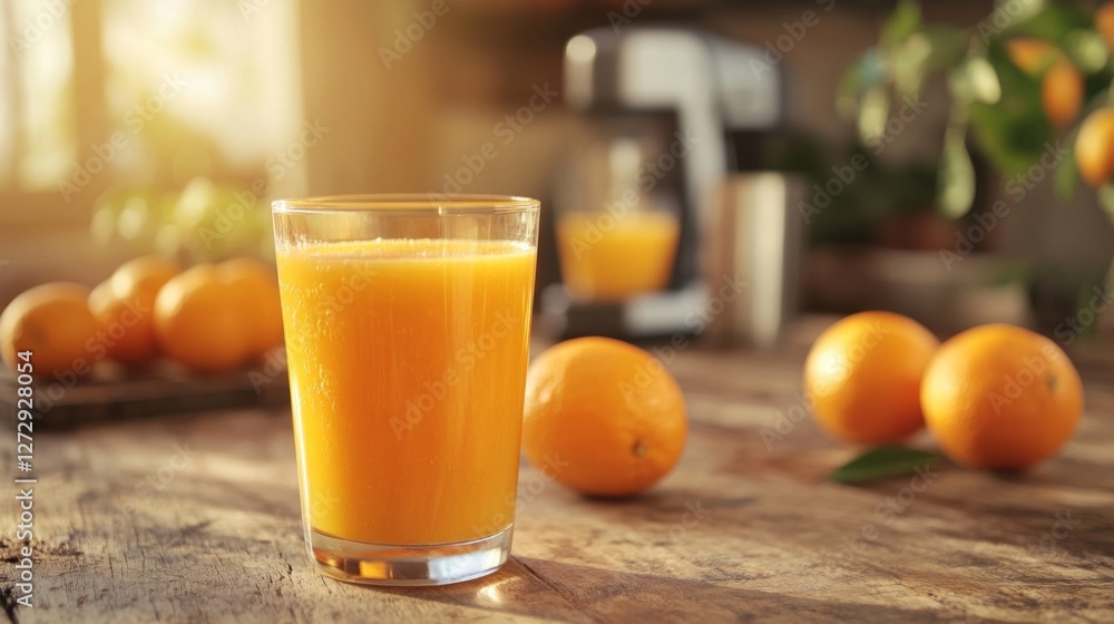 A glass of freshly squeezed orange juice sitting on a rustic wooden table, with a few whole oranges and a juicer in the background, evoking a refreshing feel. A glass of freshly squeezed orange juice sitting on a rustic wooden table, with a few whole oranges and a juicer in the background, evoking a refreshing feel.