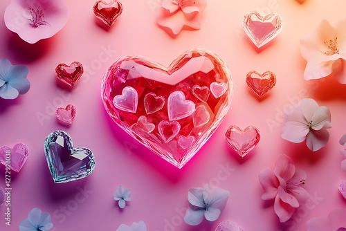 Stylized Women's Day design with crystal hearts and digital flowers on a neon pink backdrop.