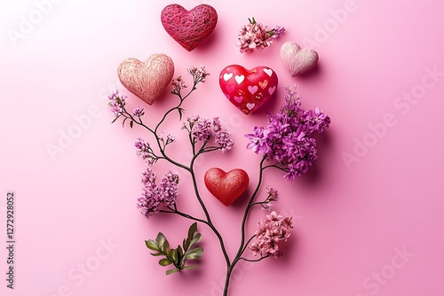 Surreal Women's Day poster with surreal hearts and fantastical blooms on a dreamlike pink backdrop.