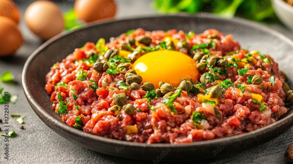 A gourmet steak tartare served on a stylish plate, garnished with capers and egg yolk, presenting a refined take on a classic dish. A gourmet steak tartare served on a stylish plate, garnished with capers and egg yolk, presenting a refined take on a classic dish.
