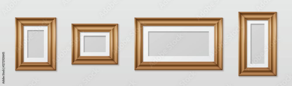 Wooden picture frames mockup set in different sizes with white matte border mounts on light wall. Realistic classic brown rectangular borders collection for photos, paintings or gallery decoration. Wooden picture frames mockup set in different sizes with white matte border mounts on light wall. Realistic classic brown rectangular borders collection for photos, paintings or gallery decoration.