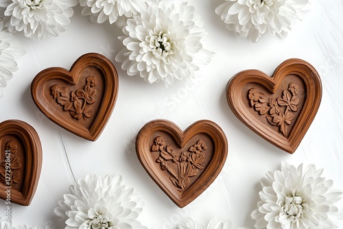 Timeless Women's Day design with timeless heart carvings and timeless white chrysanthemums on a classic white backdrop.