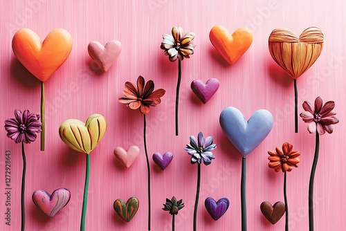 Surreal Women's Day poster with surreal hearts and fantastical blooms on a dreamlike pink backdrop.