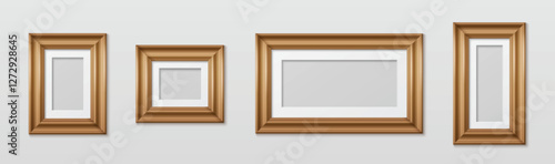 Wooden picture frames mockup set in different sizes with white matte border mounts on light wall. Realistic classic brown rectangular borders collection for photos, paintings or gallery decoration.