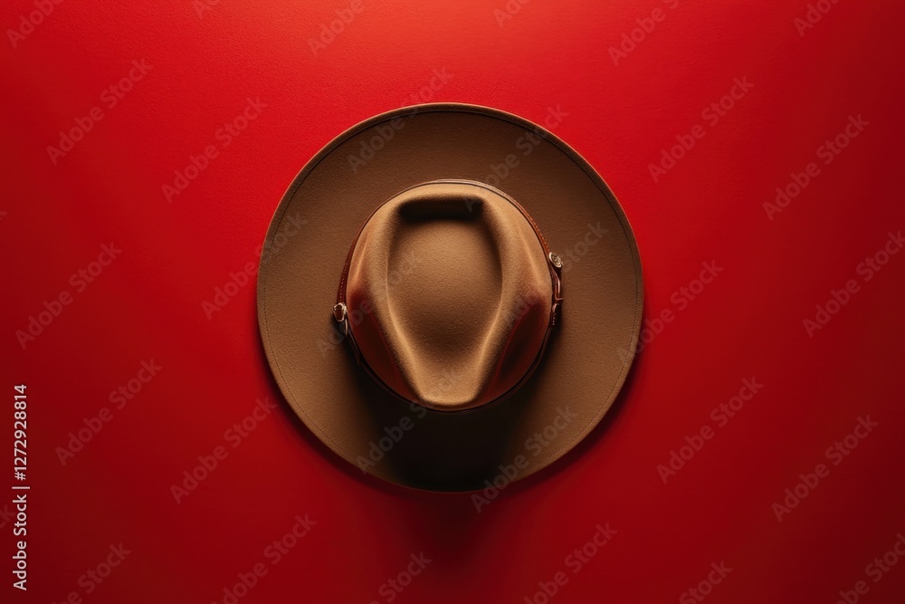 A stylish hat is centered on a vibrant red background