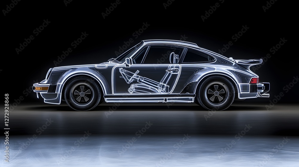 Transparente Röntgenansicht eines klassischen Sportwagens, technische Fahrzeugillustration
Transparente Röntgenansicht eines klassischen Sportwagens, technische Fahrzeugillustration