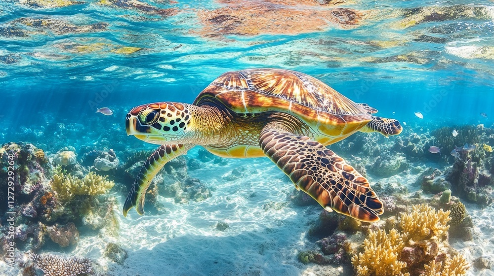 Obraz premium A majestic sea turtle gliding gracefully through crystal-clear turquoise waters, surrounded by colorful coral reefs and schools of fish, showcasing underwater beauty.