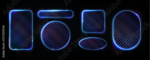 Neon light frames set with glowing blue borders on transparent background. Glass effect geometric shapes - rounded rectangle, circle with luminous edges. Bright frames collection for futuristic design