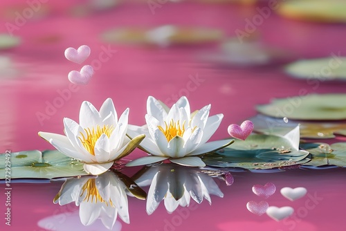 Tranquil Women's Day design with water lilies and reflective hearts on a serene pink lake.