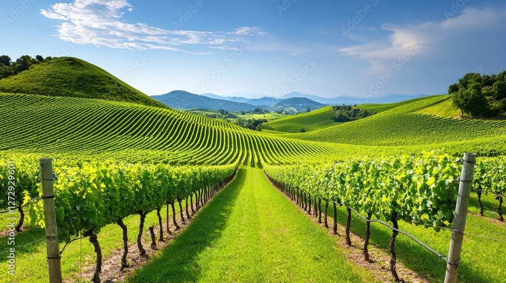 Naklejka premium A lush vineyard stretches across rolling hills beneath a bright sky