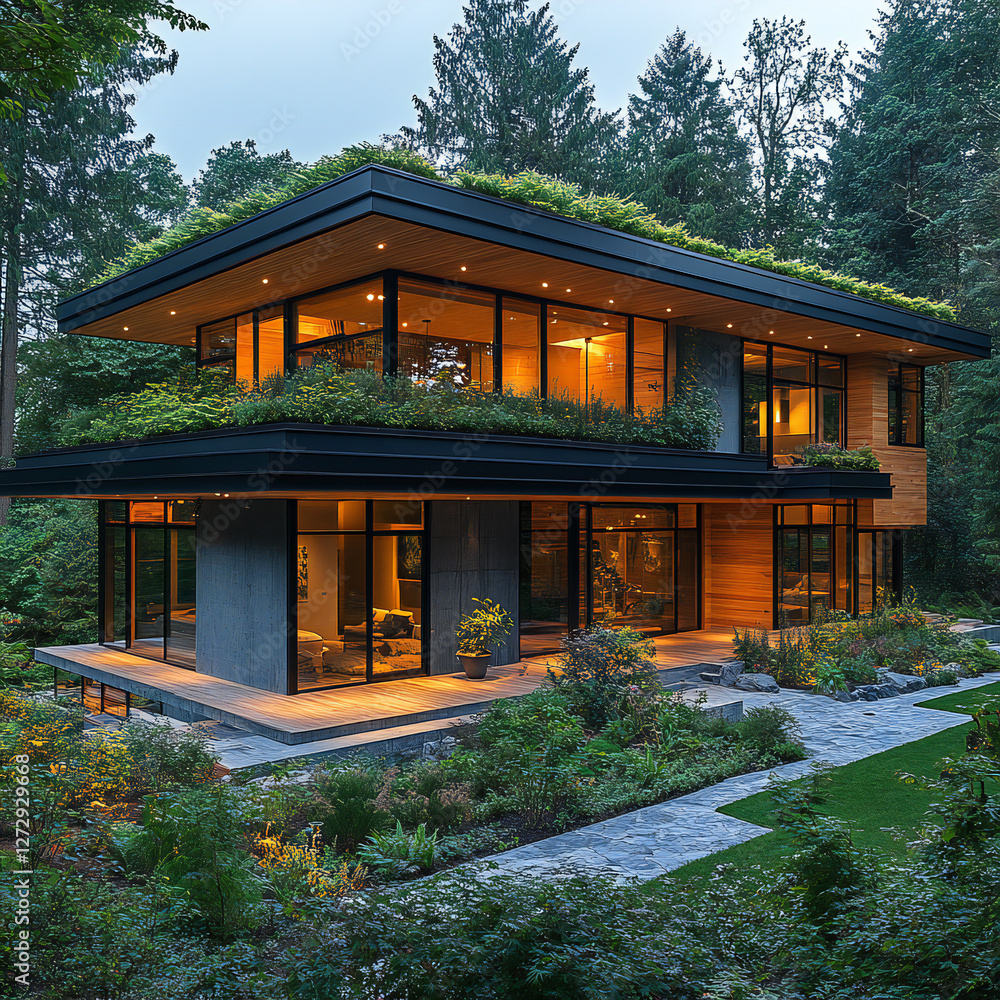 A modern eco-home with green roofs, sustainable materials, and a surrounding garden A modern eco-home with green roofs, sustainable materials, and a surrounding garden