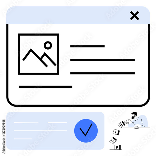 Web interface with image placeholder, text lines, large blue check mark. Man arranging RISK blocks. Ideal for control, strategy, organization, management safety planning attention. Line metaphor