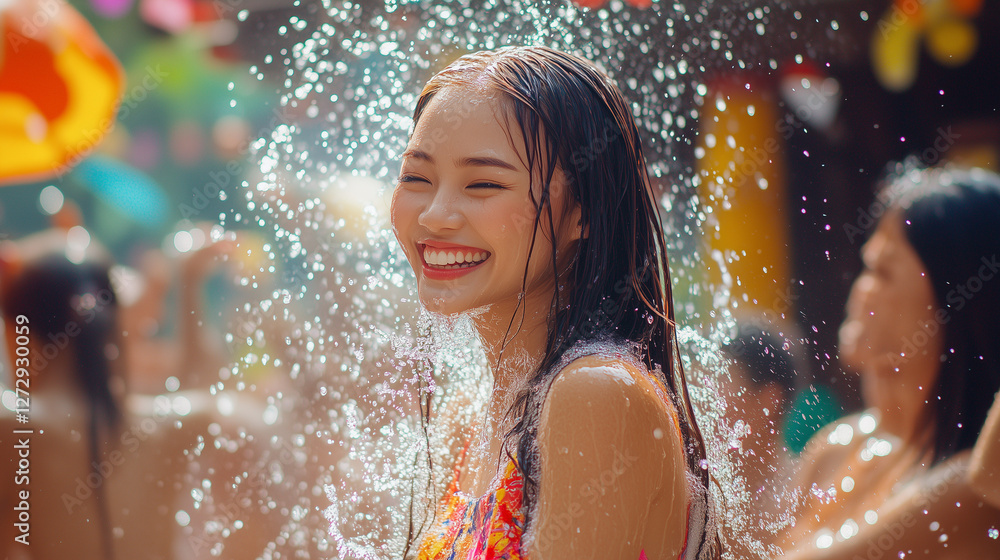 Obraz premium Smiling young woman enjoying a refreshing shower in winter atmosphere