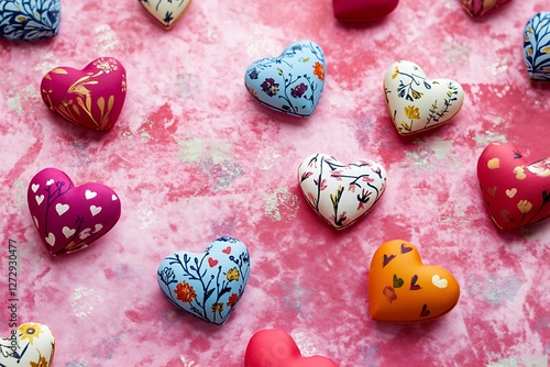 Unique Women's Day design with quirky hearts and eclectic floral patterns on a distinctive pink surface.