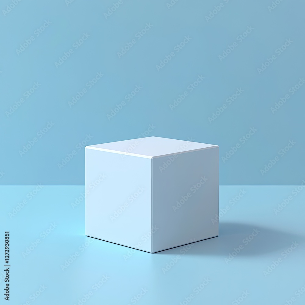 White cube display, blue studio, backdrop, product placement White cube display, blue studio, backdrop, product placement