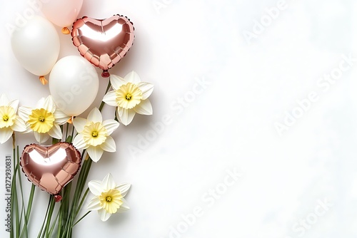 Uplifting Women's Day banner with uplifting heart balloons and uplifting white daffodils on an inspiring white background.