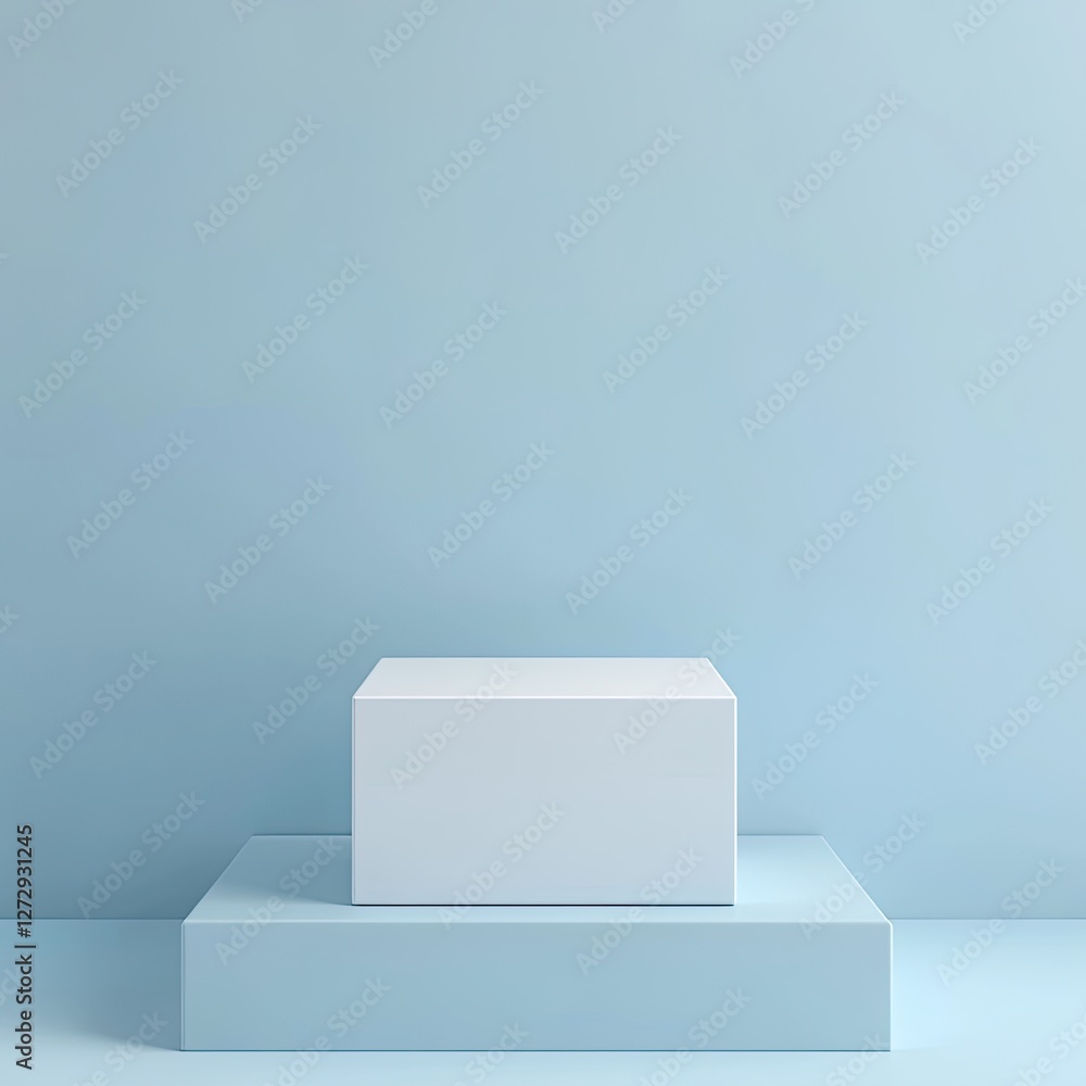 White cube display stand, pastel blue background, product showcase White cube display stand, pastel blue background, product showcase