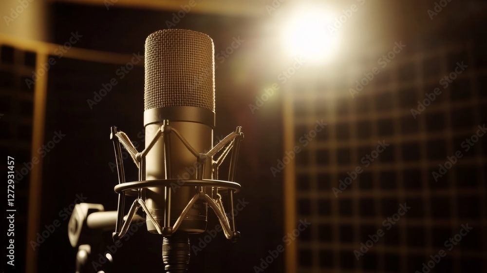 A professional microphone in a sound booth, framed by dark acoustic panels and illuminated by subtle studio lighting. A professional microphone in a sound booth, framed by dark acoustic panels and illuminated by subtle studio lighting.