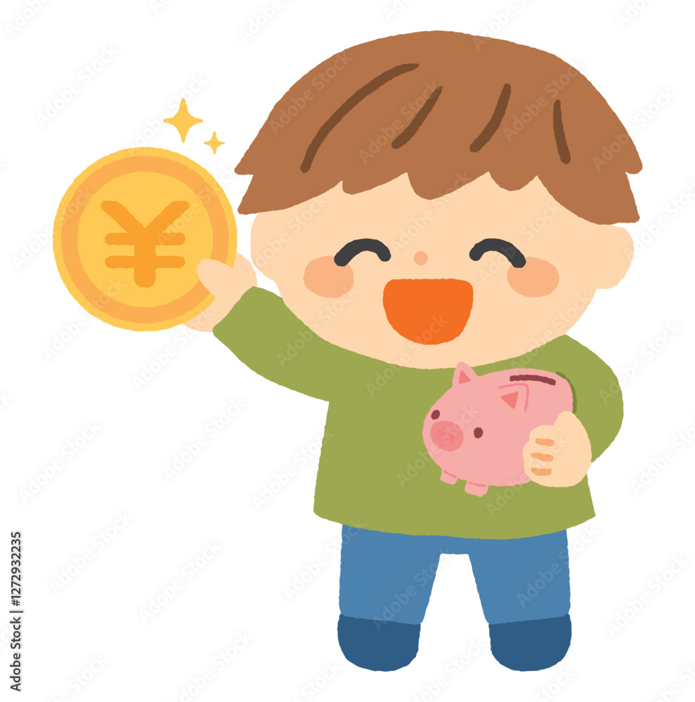 貯金箱とお金を持った子供のイラスト（男の子）