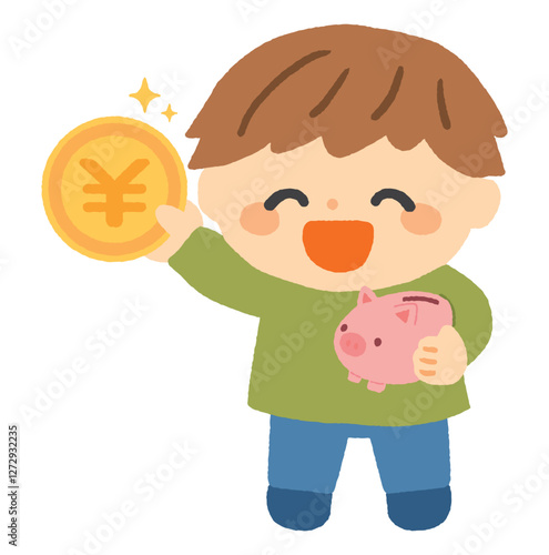 貯金箱とお金を持った子供のイラスト（男の子）
