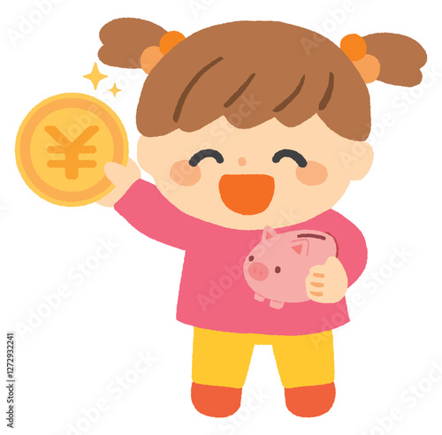 貯金箱とお金を持った子供のイラスト（女の子）
