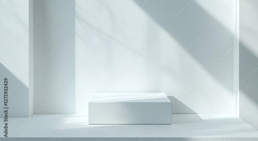 White cube display, sunlight, minimal room, product showcase White cube display, sunlight, minimal room, product showcase