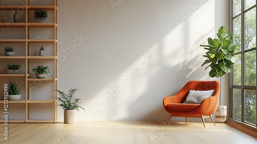 Fototapeta Naklejka Na Ścianę i Meble -  Minimalist room with an armchair on a background of empty white walls. high resolution AI Generative image