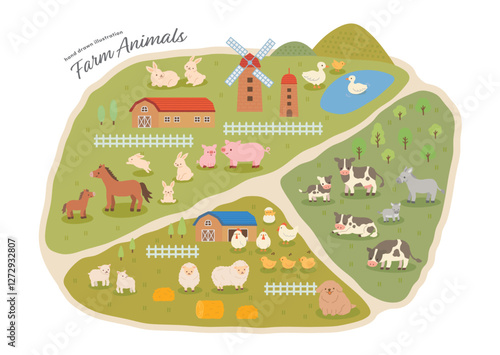 牧場の動物たちの手描きイラスト