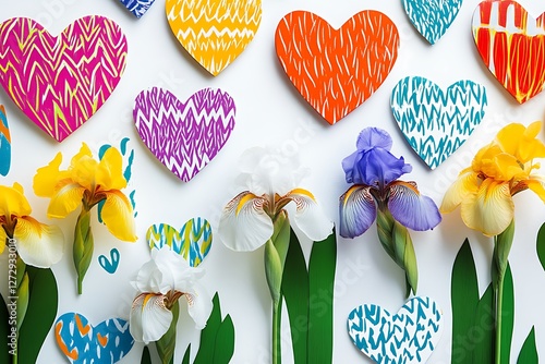Vibrant Women's Day banner with vibrant heart patterns and vibrant white iris flowers on an energetic white background.