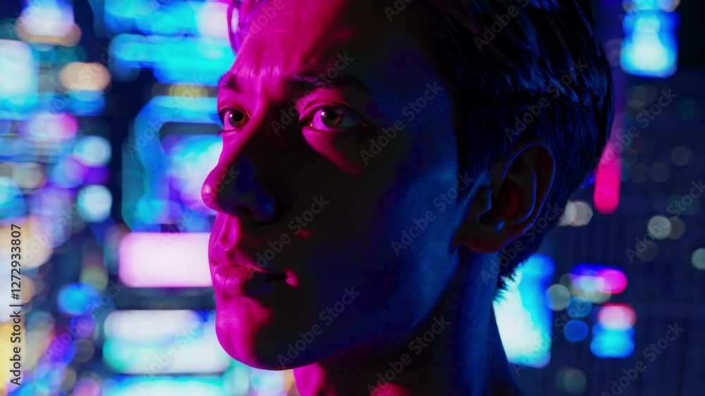 A neon-lit cityscape at night frames a person's side profile in a close-up shot, evoking a futuristic video game aesthetic with vibrant colors. A neon-lit cityscape at night frames a person's side profile in a close-up shot, evoking a futuristic video game aesthetic with vibrant colors.
